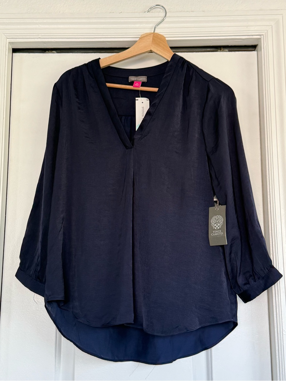 Vince Camuto Midnight Navy V-Neck Satin Long-Sleeve Blouse